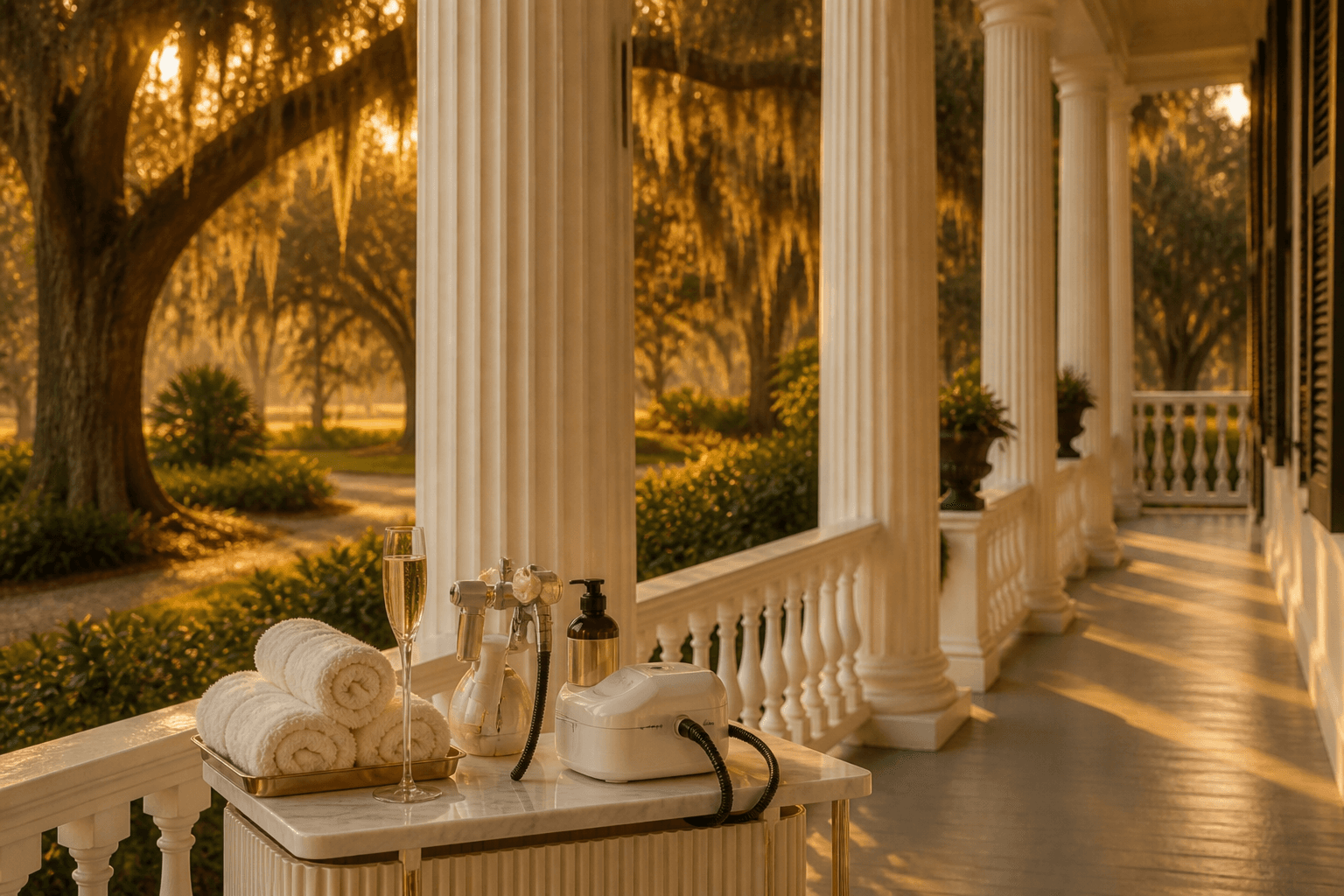 Southern porch with white fluted columns and a glow studio setup