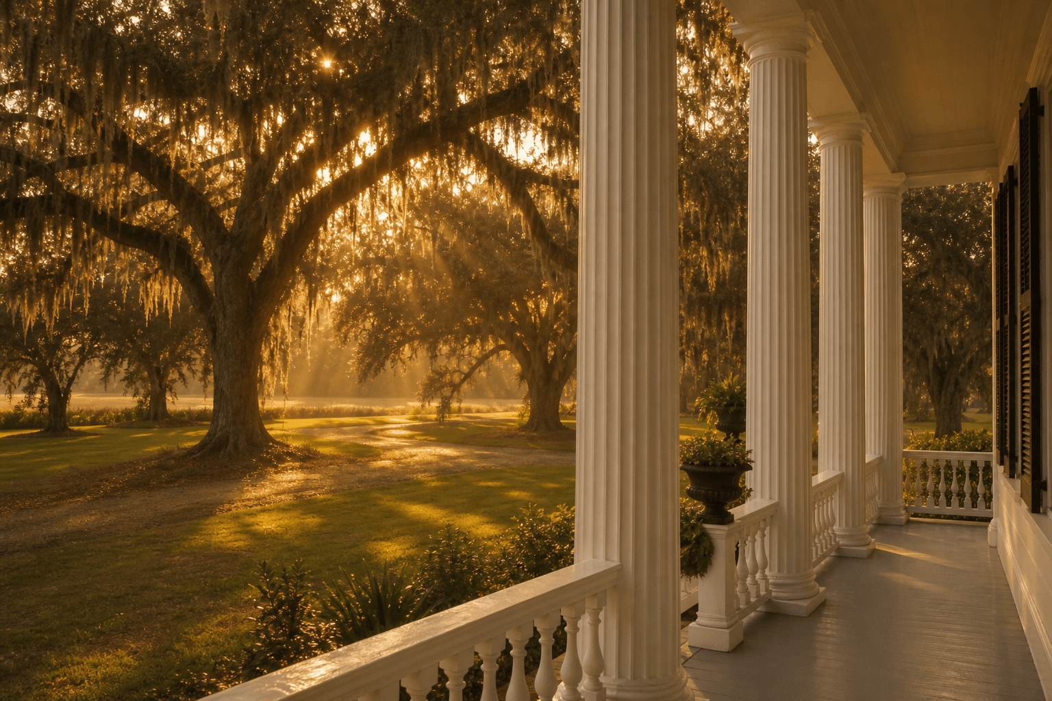 Southern porch looking out to golden-hour oak avenue